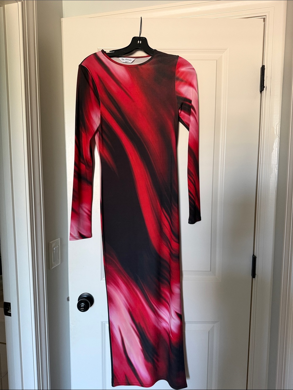 Miss Selfridge Red and Black Long Sleeve Abstract Maxi Dress